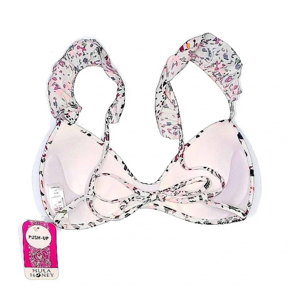 HULA HONEY Push-Up Bikini Top White Pink Large Ruffle Shoulder NWT